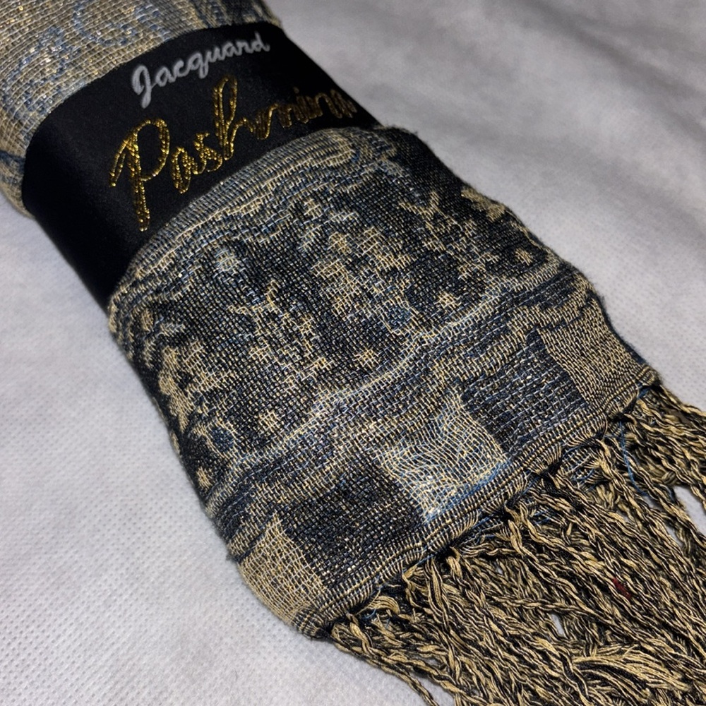 Jacquard Pashmina Black Blue Gold Shimmer Tassel Scarf New Gift